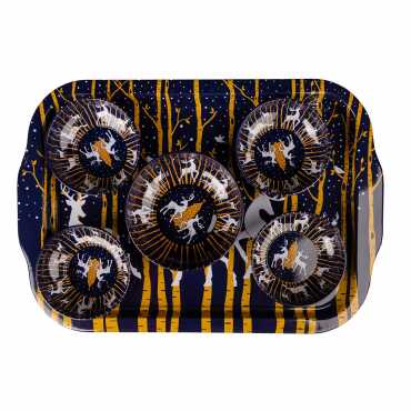 Yılbaşı Temalı Metal Büyük Dikdörtgen Tepsi Beşli Kase Seti - 5