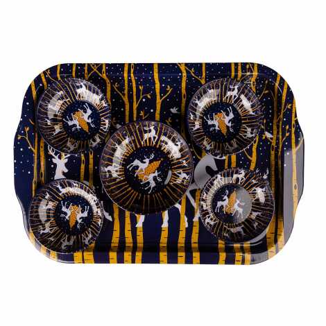 Yılbaşı Temalı Metal Büyük Dikdörtgen Tepsi Beşli Kase Seti - 5