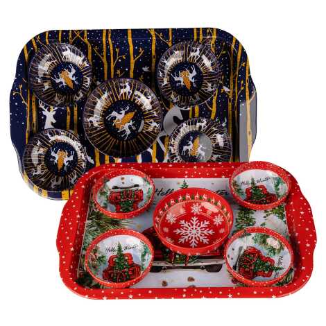 Yılbaşı Temalı Metal Büyük Dikdörtgen Tepsi Beşli Kase Seti - 2