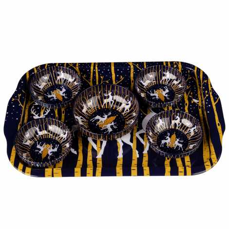 Yılbaşı Temalı Metal Büyük Dikdörtgen Tepsi Beşli Kase Seti - 3