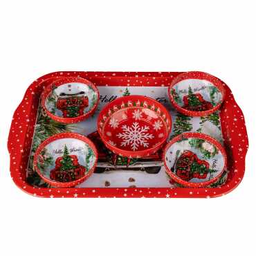 Yılbaşı Temalı Metal Büyük Dikdörtgen Tepsi Beşli Kase Seti - 4