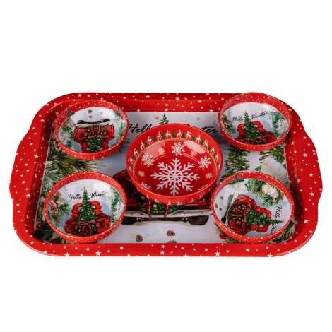 Yılbaşı Temalı Metal Büyük Dikdörtgen Tepsi Beşli Kase Seti - 4