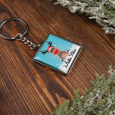 Christmas Themed Metal Square Shaped Double Sided Keychain 36x95 mm